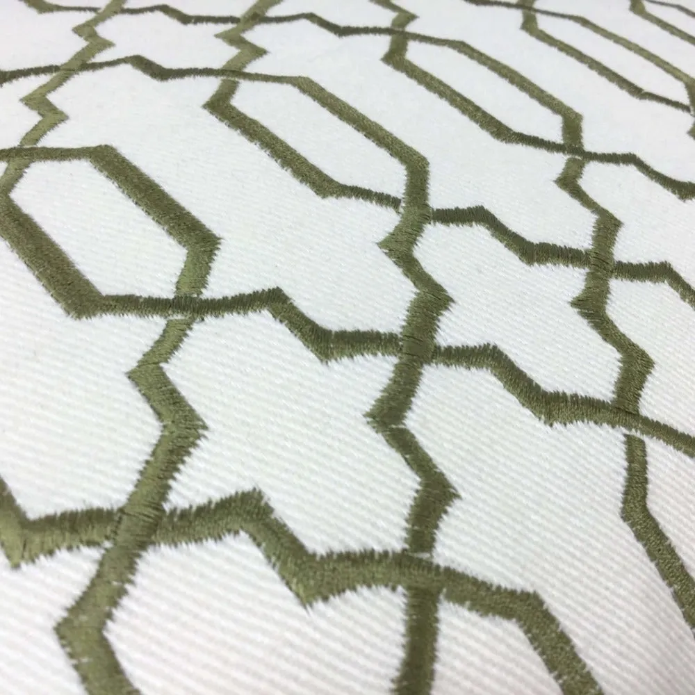 Elysa Green Olive & Cream Embroidered Geometric Fretwork Lattice Pillow Cover