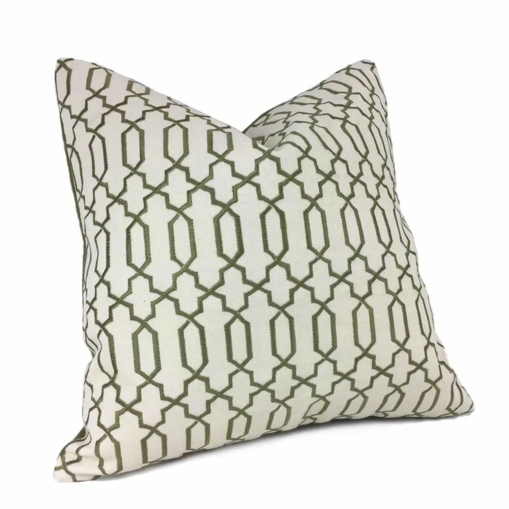 Elysa Green Olive & Cream Embroidered Geometric Fretwork Lattice Pillow Cover