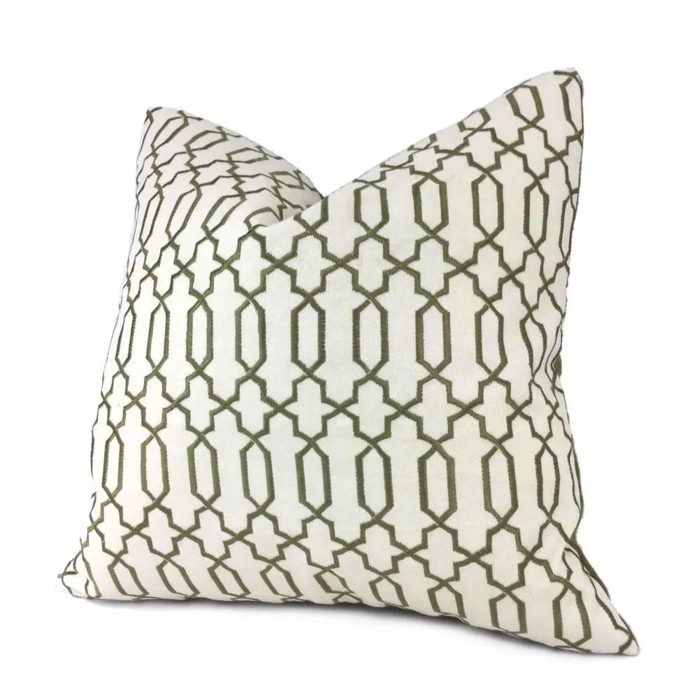 Elysa Green Olive & Cream Embroidered Geometric Fretwork Lattice Pillow Cover