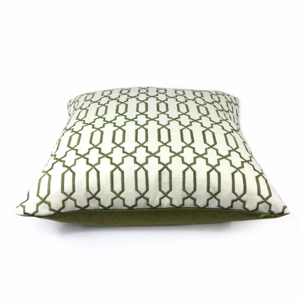 Elysa Green Olive & Cream Embroidered Geometric Fretwork Lattice Pillow Cover