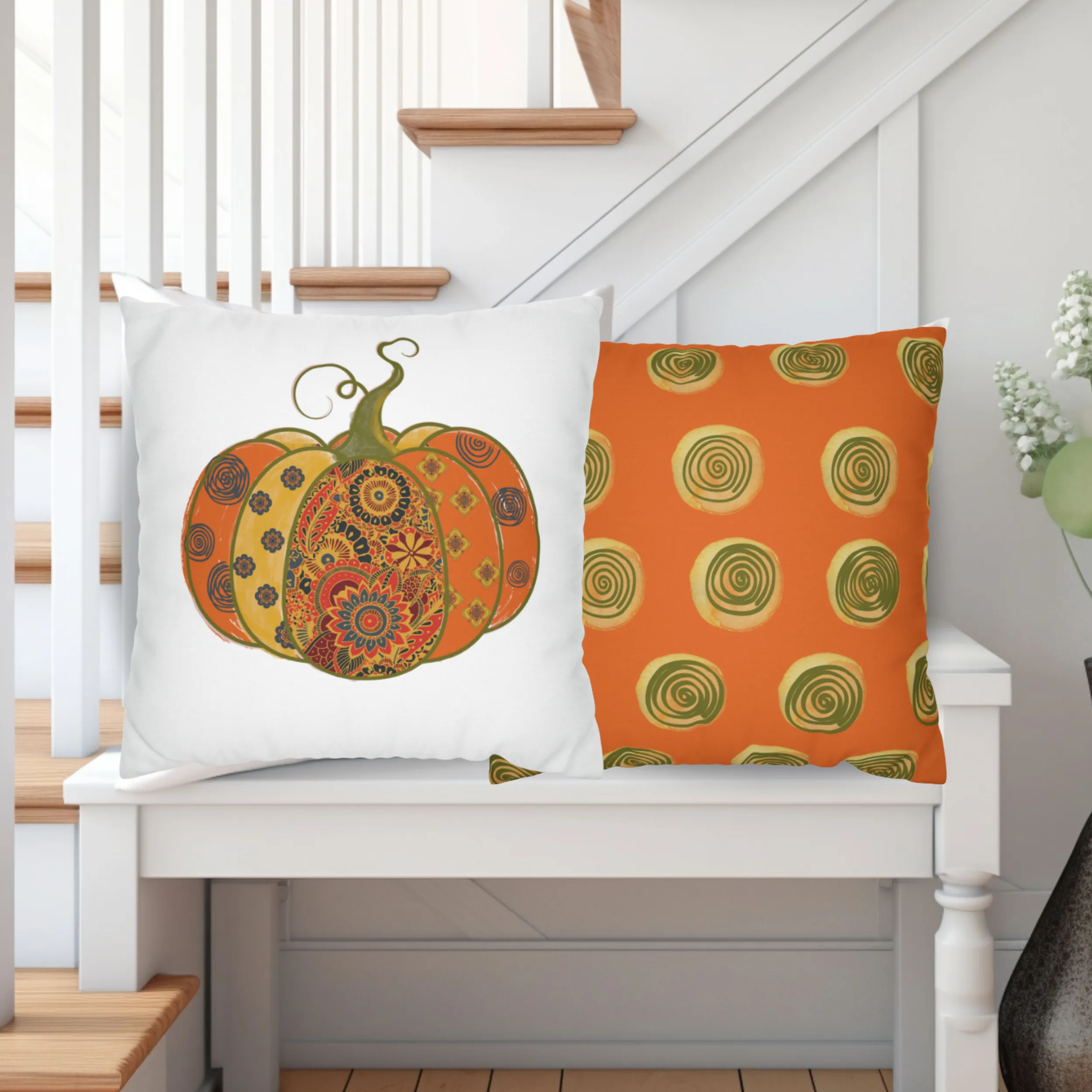 Fall Pillow Covers, Orange Pumpkin Square covers, Modern Farmhouse Decor Pillowcase Set, Farmhouse Pumpkins