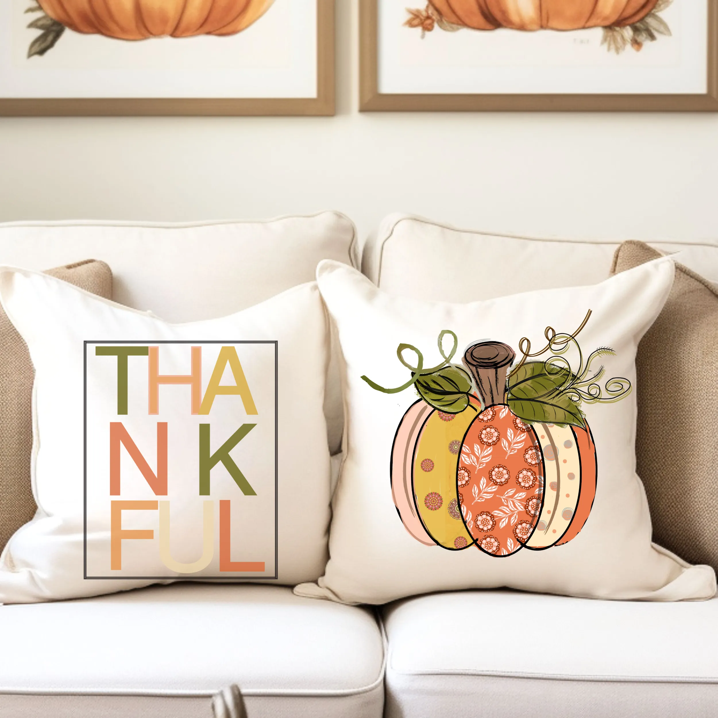 Fall Thankful Pillow Covers, Rustic Country Square covers, Country Farmhouse Decor, Pumpkin Pillowcase Set, Farmhouse