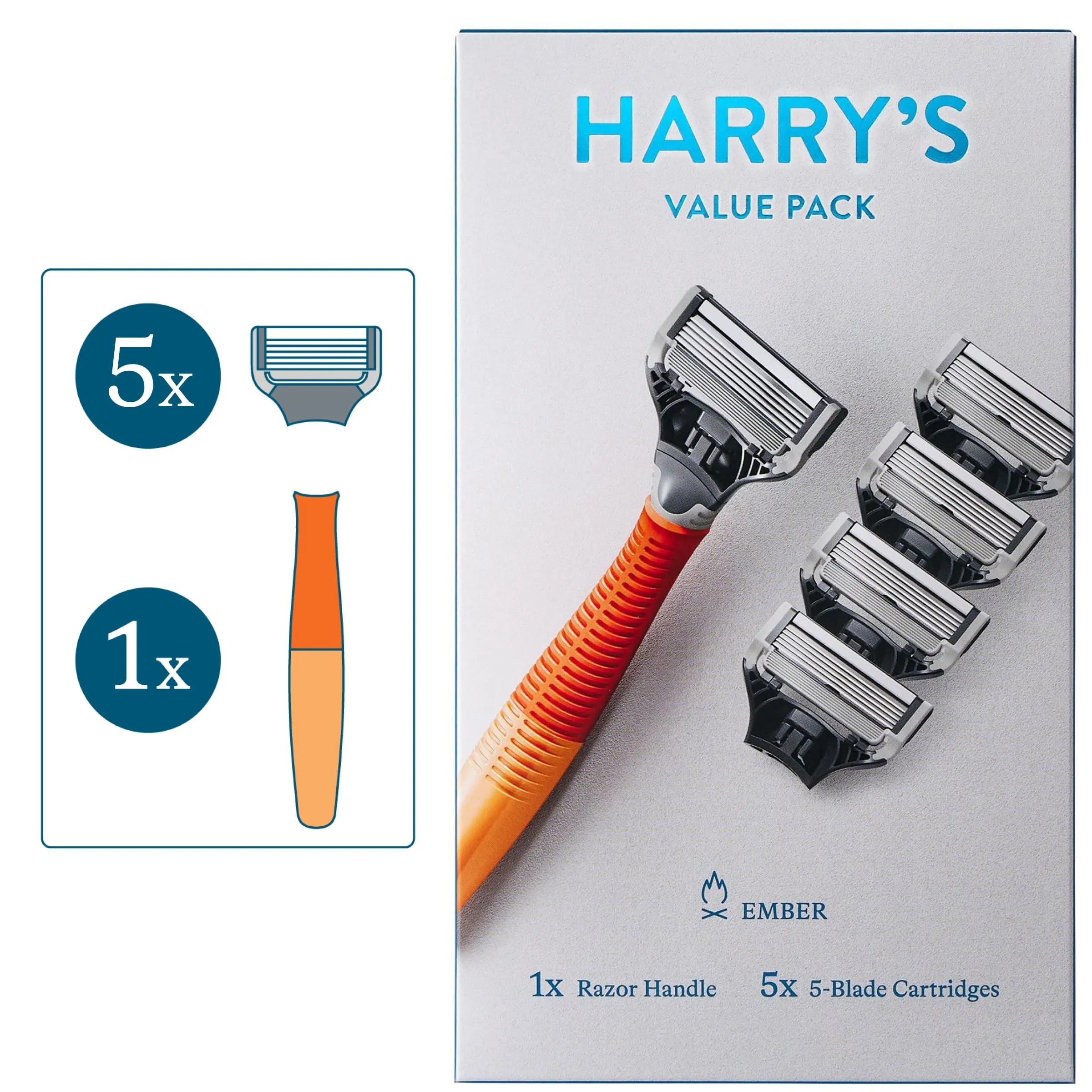 Harry's Men's Razor Value Pack: 1 Ember Orange Razor Handle   5 Razor Blade Cartridges