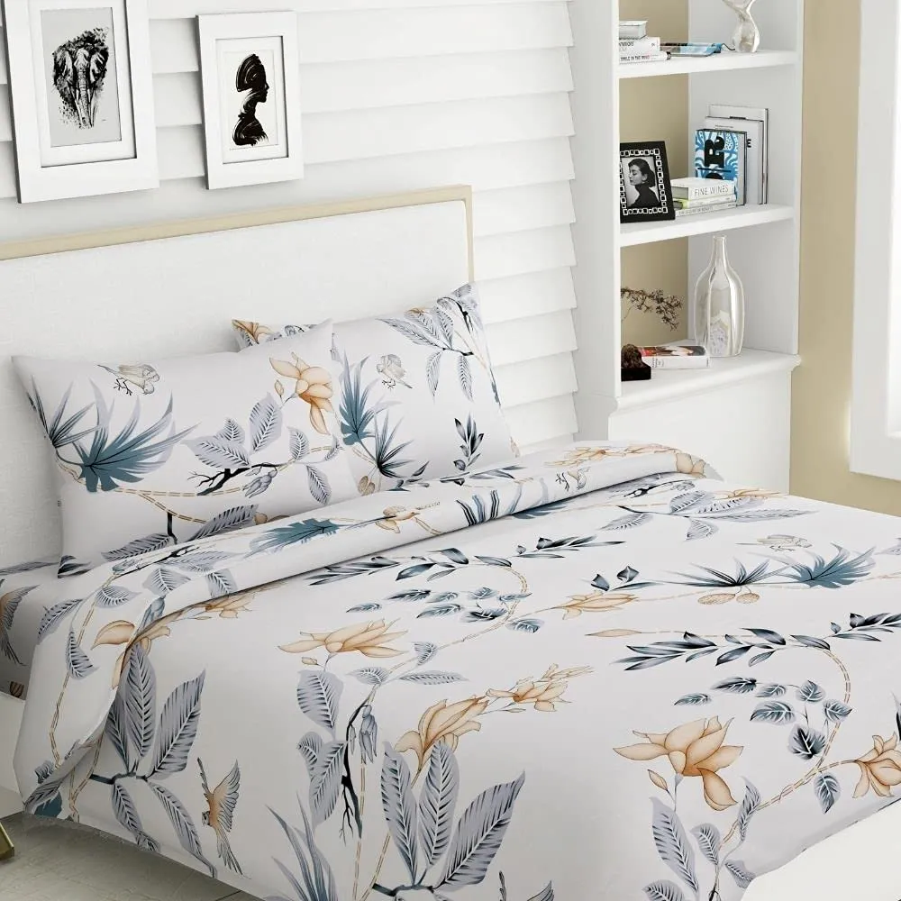 haus & kinder 100% Cotton Queen Size Bedsheet for Double Bed, 1 Cotton Bed Sheet Double Bed (90 X 100 Inches) with 2 Pillow Covers | 186 TC Bed Sheet Double Bed Sparrow Floral Art (Grey)