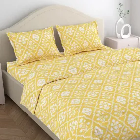 haus & kinder 100% Cotton Queen Size Bedsheet for Double Bed, 1 Cotton Bed Sheet for Double Bed (90 X 100 Inches) with 2 Pillow Covers | 186 TC | Marigold Majesty | Yellow