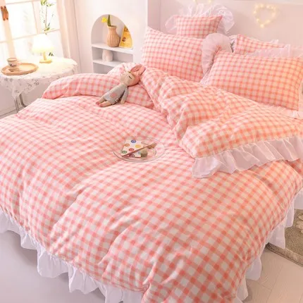 Ins Fashion Solid Cotton Bedding Set with Fitted Bed Sheet Cute Princess AB Double Sided Ruffle Quilt Cover Pillowcase Full Size