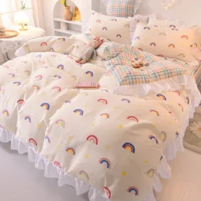 Ins Fashion Solid Cotton Bedding Set with Fitted Bed Sheet Cute Princess AB Double Sided Ruffle Quilt Cover Pillowcase Full Size