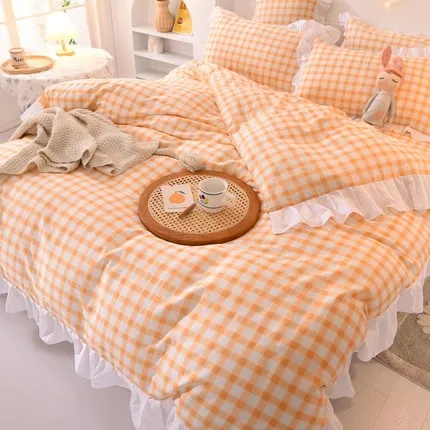 Ins Fashion Solid Cotton Bedding Set with Fitted Bed Sheet Cute Princess AB Double Sided Ruffle Quilt Cover Pillowcase Full Size