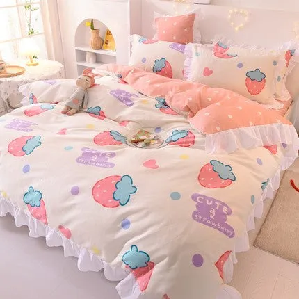 Ins Fashion Solid Cotton Bedding Set with Fitted Bed Sheet Cute Princess AB Double Sided Ruffle Quilt Cover Pillowcase Full Size