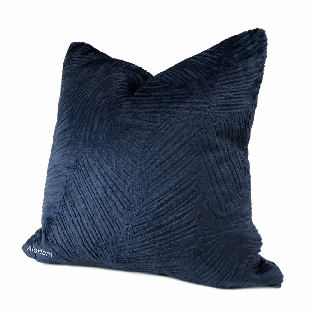 Isla Navy Blue Crosshatch Leaf Texture Velvet Pillow Cover