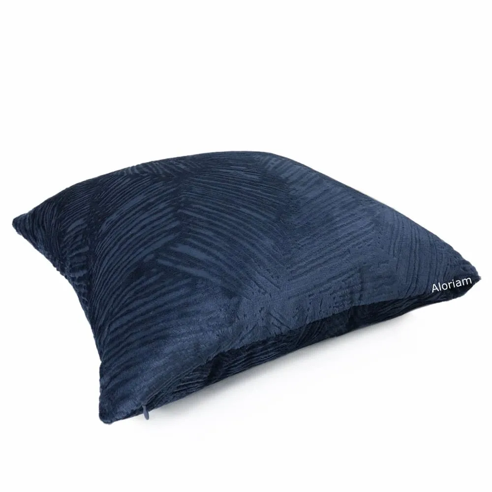 Isla Navy Blue Crosshatch Leaf Texture Velvet Pillow Cover