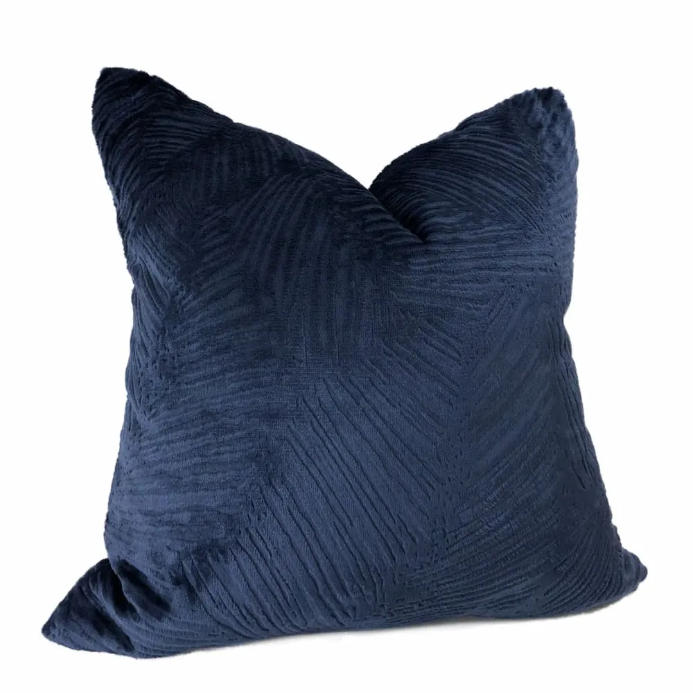 Isla Navy Blue Crosshatch Leaf Texture Velvet Pillow Cover