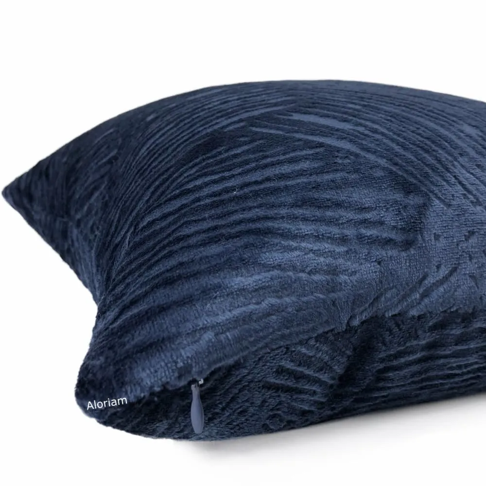 Isla Navy Blue Crosshatch Leaf Texture Velvet Pillow Cover