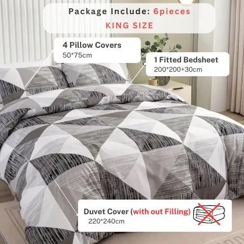 King Size 6 pieces bedding set , Simply geometric grey print.