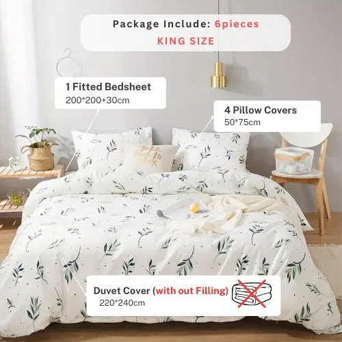 King size Bedding Set without filler 6 pieces, Small Green leaves design