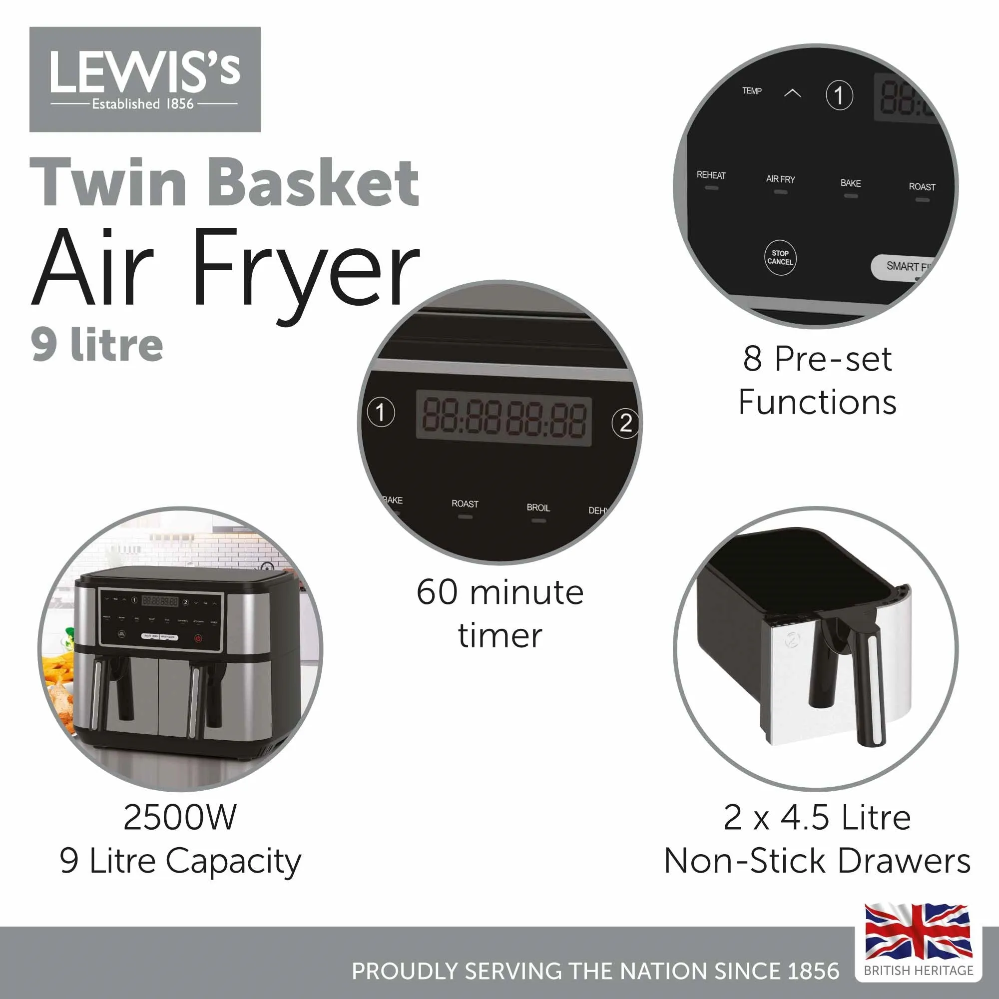 Lewis's Air Fryer with Dual Twin Basket 9L - 2 x 4.5l Drawers