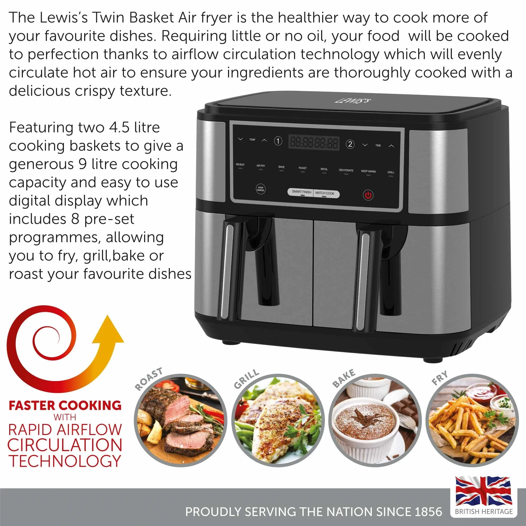 Lewis's Air Fryer with Dual Twin Basket 9L - 2 x 4.5l Drawers