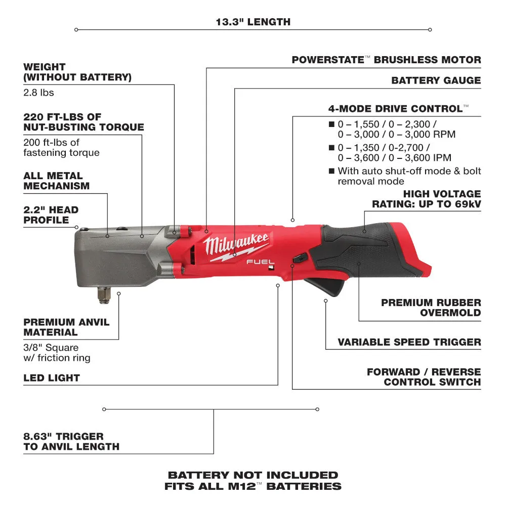 Milwaukee 2564-20 M12 FUEL™ 3/8" Right Angle Impact Wrench   Free Battery