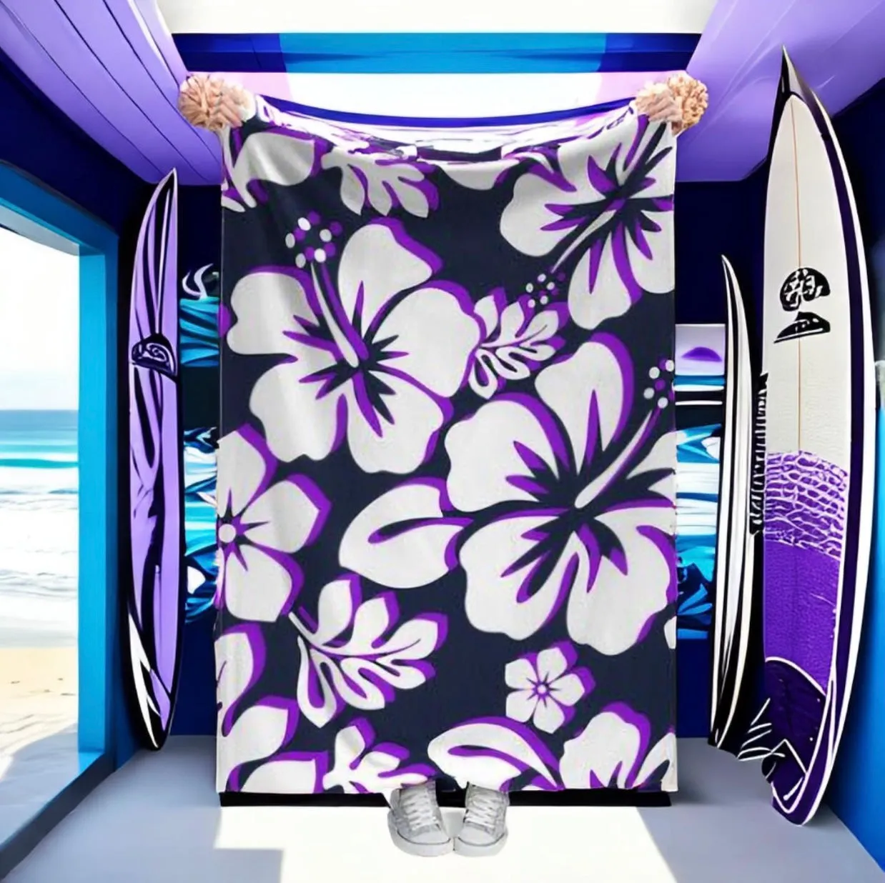 Navy Blue, Purple and White Hawaiian Flowers Minky Throw Blanket