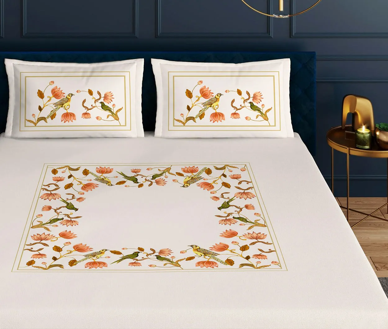 Paroquet Beige Designer Antibacterial Cotton Bed Linen Set by Rohit Bal