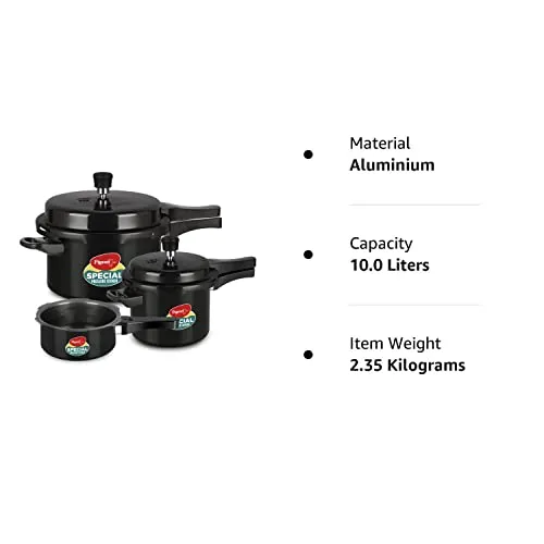 Pigeon by Stovekraft Hard Anodised Aluminium Pressure Cooker Combo - 2 L, 3 L and 5 L Induction Base Outer Lid Cooker (14414, Black)