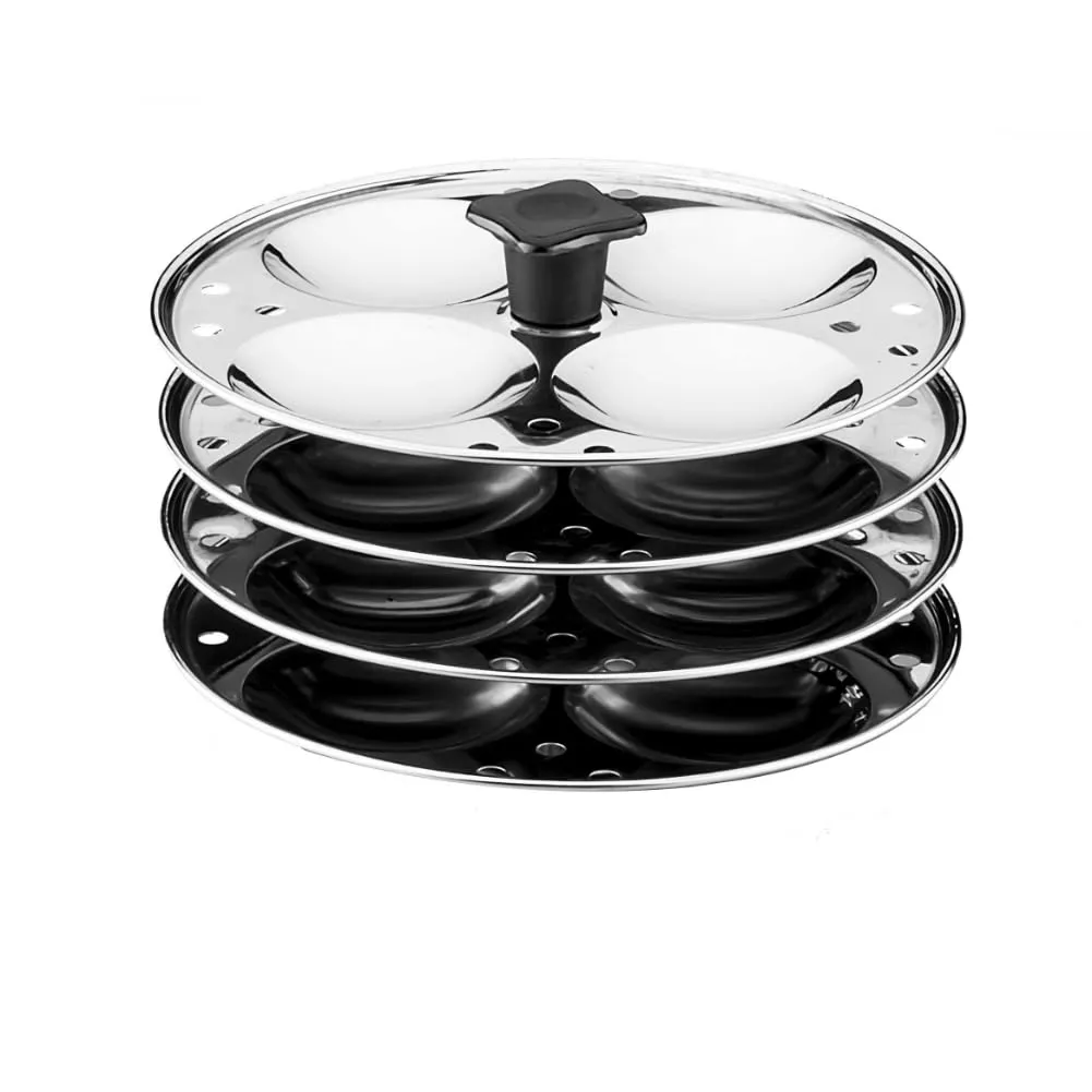 Pigeon Classic Stainless Steel Idly Cooker Pot | Idli Pot compatible with Induction and Gas Stove | Steel Idli Maker with Silver Lid - 4 Plates (for 12 Idlies)