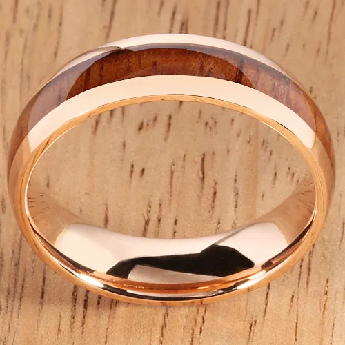 Pink Gold Stainless Natural Hawaiian Koa Wood Inlay Dome Wedding Ring 6mm