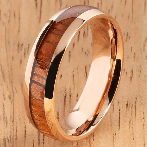 Pink Gold Stainless Natural Hawaiian Koa Wood Inlay Dome Wedding Ring 6mm