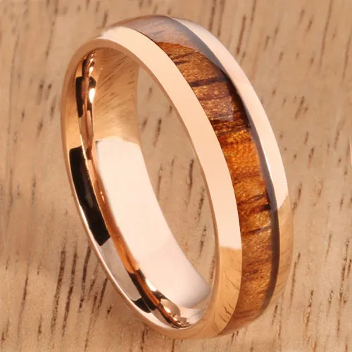 Pink Gold Stainless Natural Hawaiian Koa Wood Inlay Dome Wedding Ring 6mm