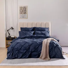 Premium 6 Piece King Size Duvet Cover Pinch Rose Design, Solid Navy Blue.