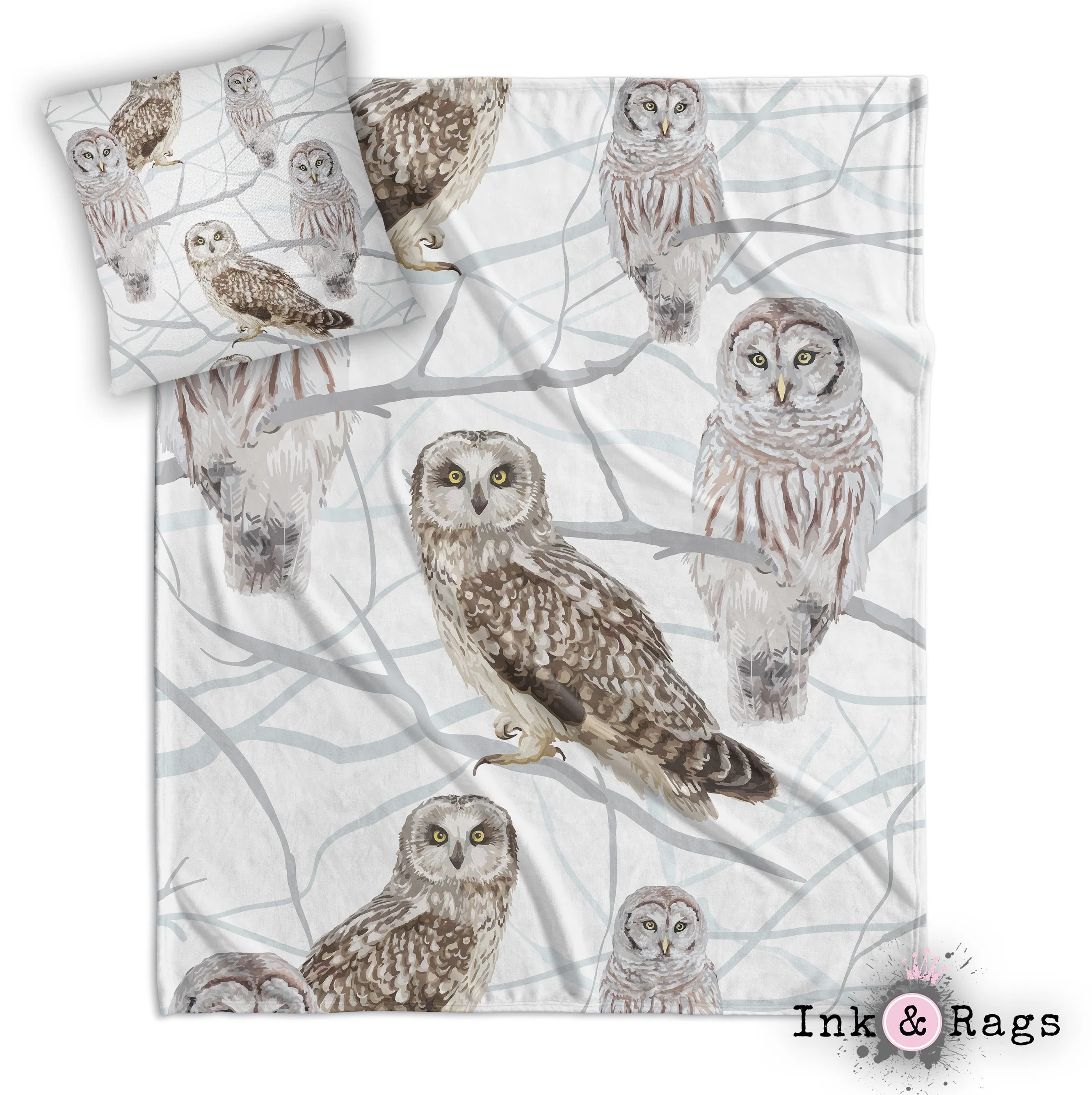 Snow and Owls Decorative Throw and Pillow Cover Set