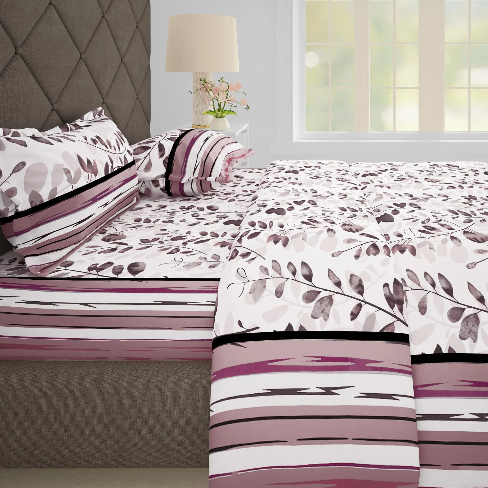 Story@Home Metro Collection 186 TC 100% Cotton Double Bedsheet with 2 Pillow Covers (88 inch X 100 inch, Mauve)