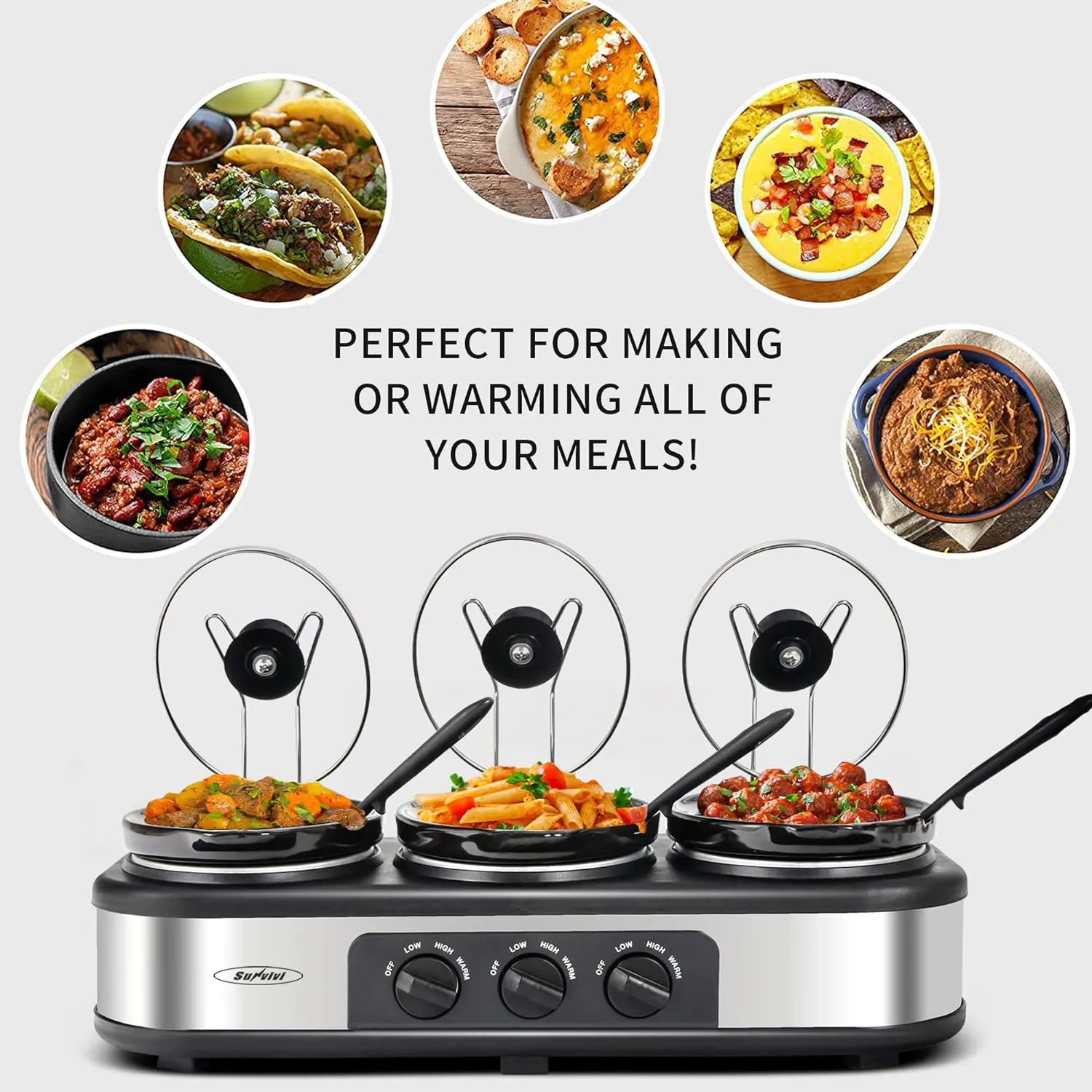 Sunvivi Triple Slow Cooker Buffet Server 3 Pot Food Warmer, 3-Section 1.5-Quart Oval Slow Cooker Adjustable Temp Lid Rests Stainless Steel, Total 4.5 QT