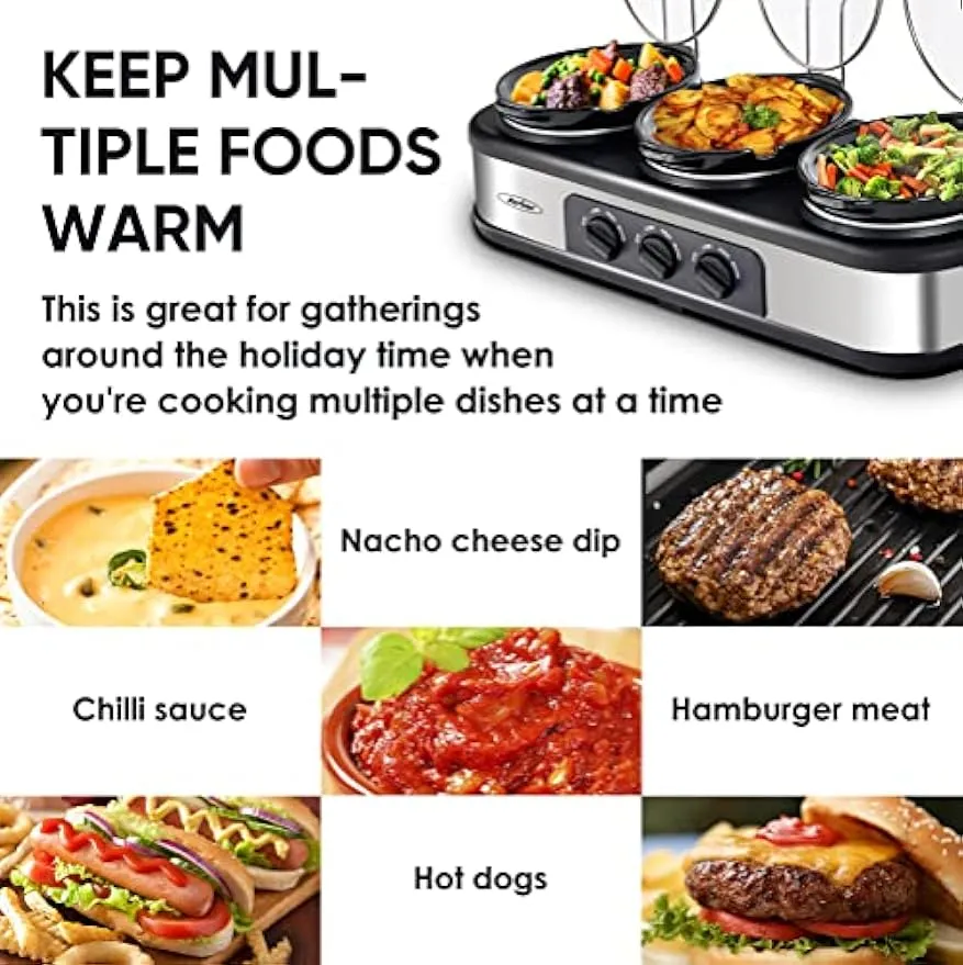 Sunvivi Triple Slow Cooker Buffet Server 3 Pot Food Warmer, 3-Section 1.5-Quart Oval Slow Cooker Adjustable Temp Lid Rests Stainless Steel, Total 4.5 QT