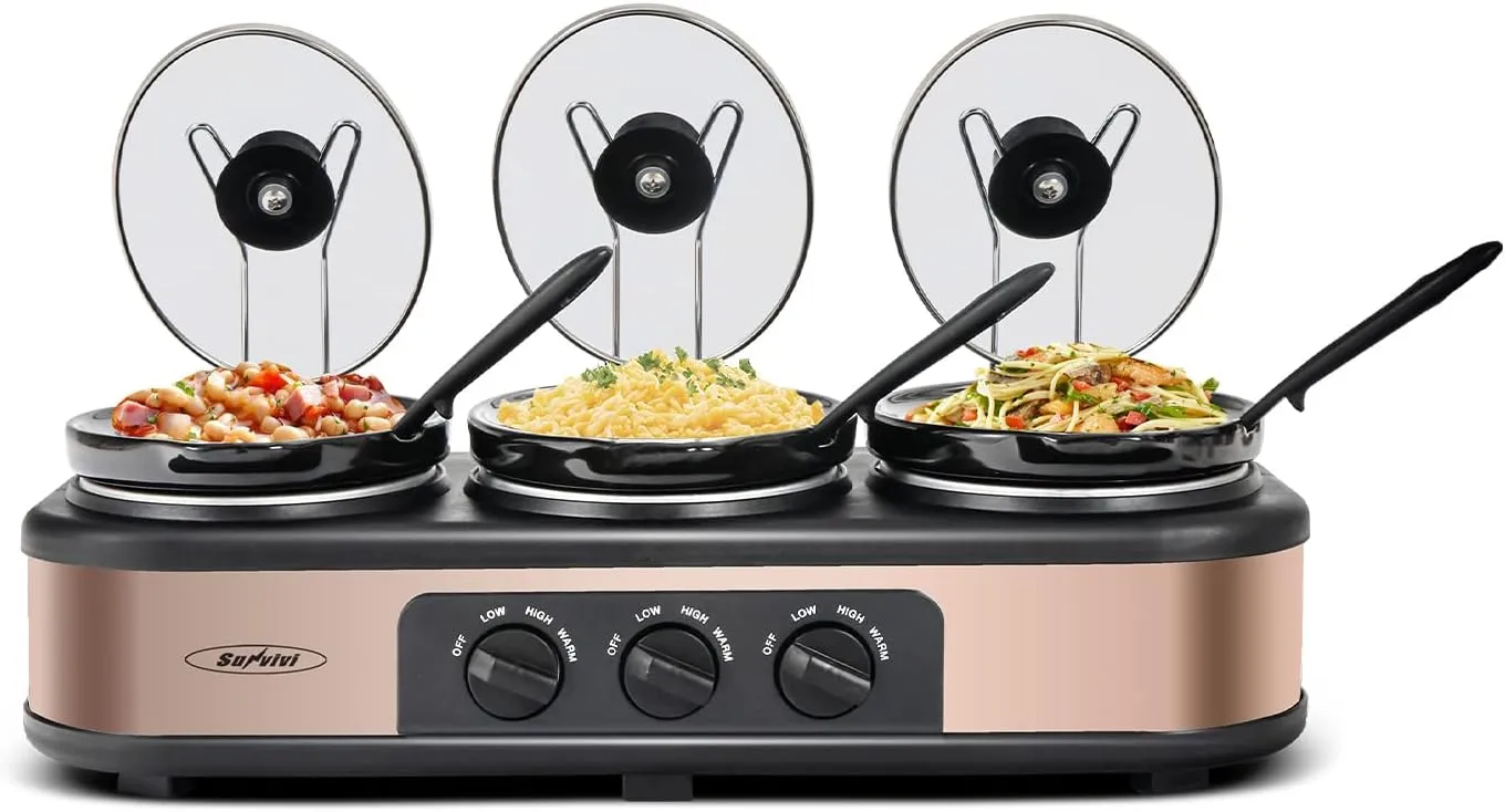 Sunvivi Triple Slow Cooker Buffet Server 3 Pot Food Warmer, 3-Section 1.5-Quart Oval Slow Cooker Adjustable Temp Lid Rests Stainless Steel, Total 4.5 QT