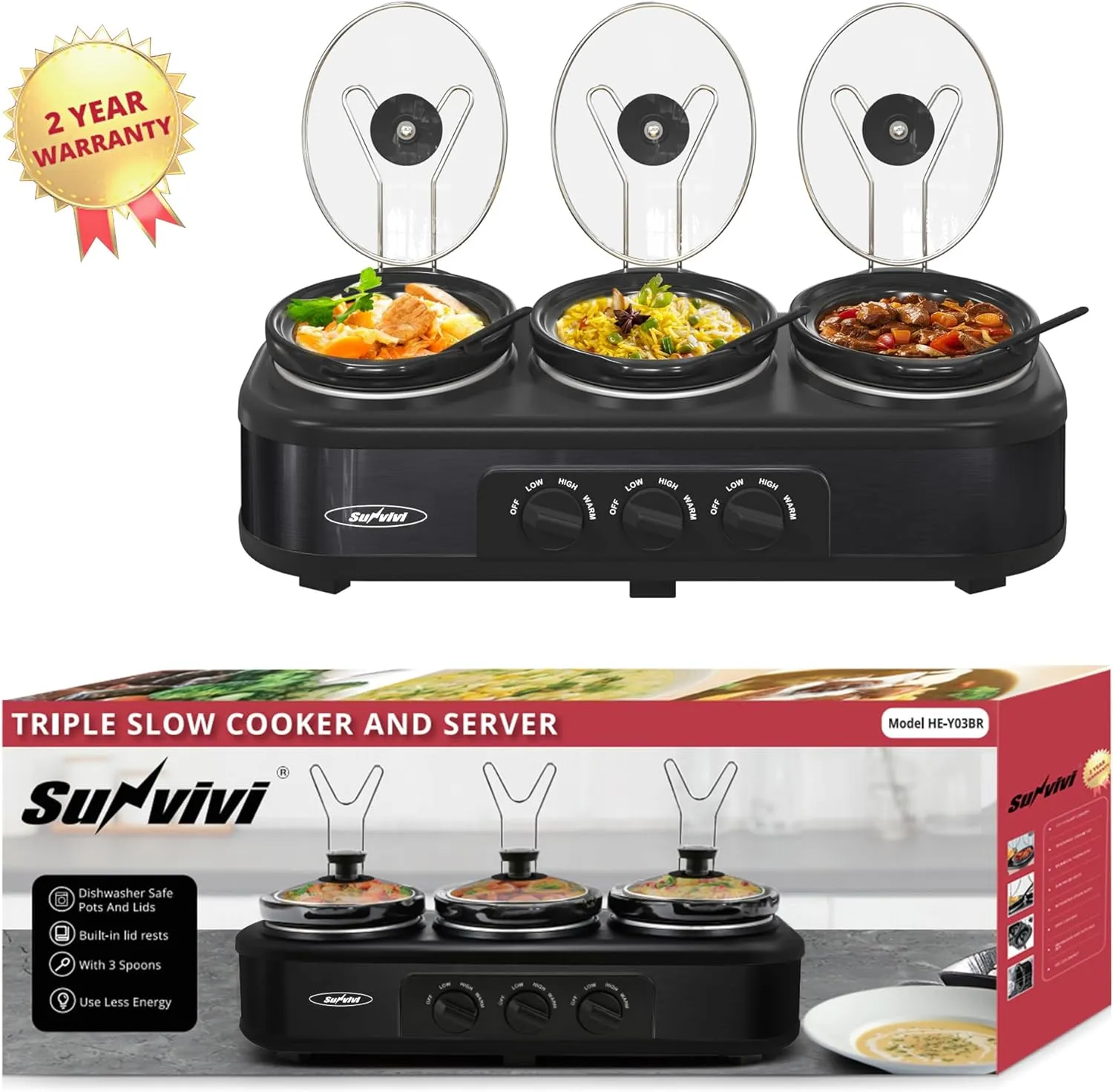 Sunvivi Triple Slow Cooker Buffet Server 3 Pot Food Warmer, 3-Section 1.5-Quart Oval Slow Cooker Adjustable Temp Lid Rests Stainless Steel, Total 4.5 QT