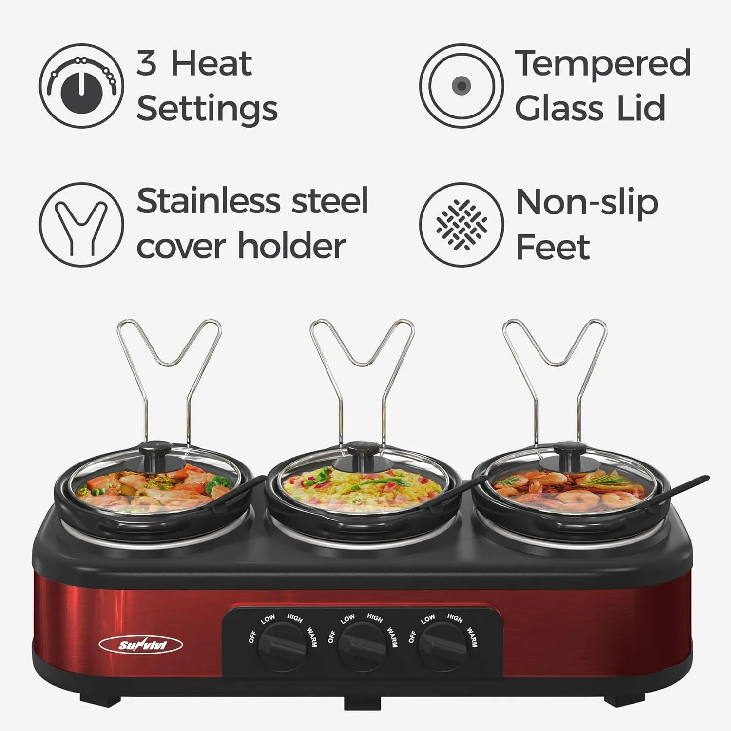 Sunvivi Triple Slow Cooker Buffet Server 3 Pot Food Warmer, 3-Section 1.5-Quart Oval Slow Cooker Adjustable Temp Lid Rests Stainless Steel, Total 4.5 QT