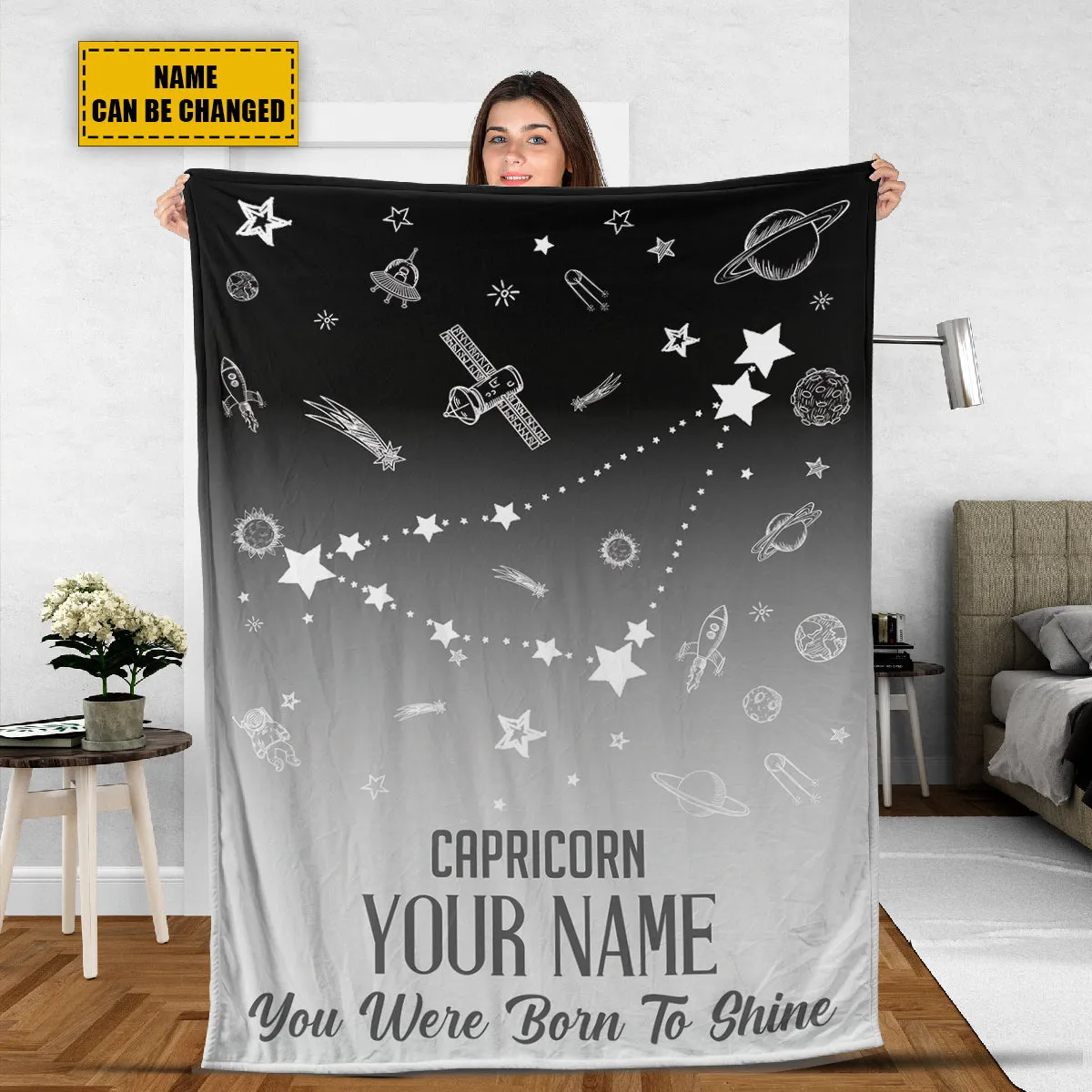 Teesdily | Capricorn Customized Fleece Blanket Constellation Blanket You Were Born To Shine Fleece Personalized Name Zodiac Blankets Astrology Gifts