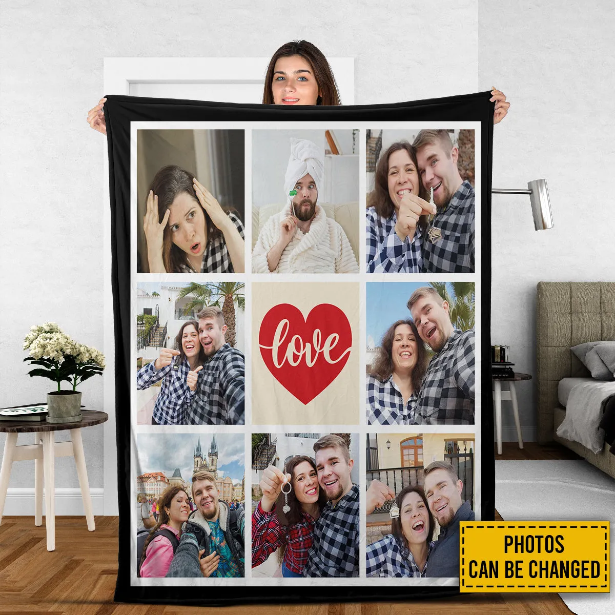 Teesdily | Love Customized Blanket With Picture Collage Keepsake Throw Christmas Xmas Birthday Anniversary Wedding Valentines Gift For Family Friends