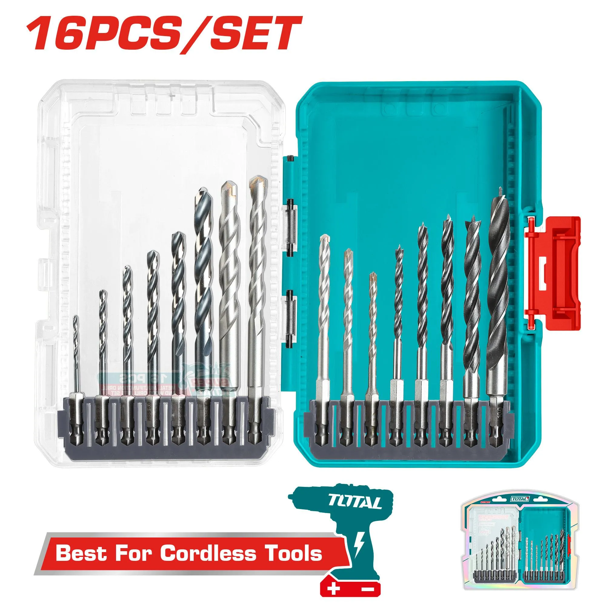 Total 16 Pcs metal, multifunction drill, and wood drill bits set TACSDL11606