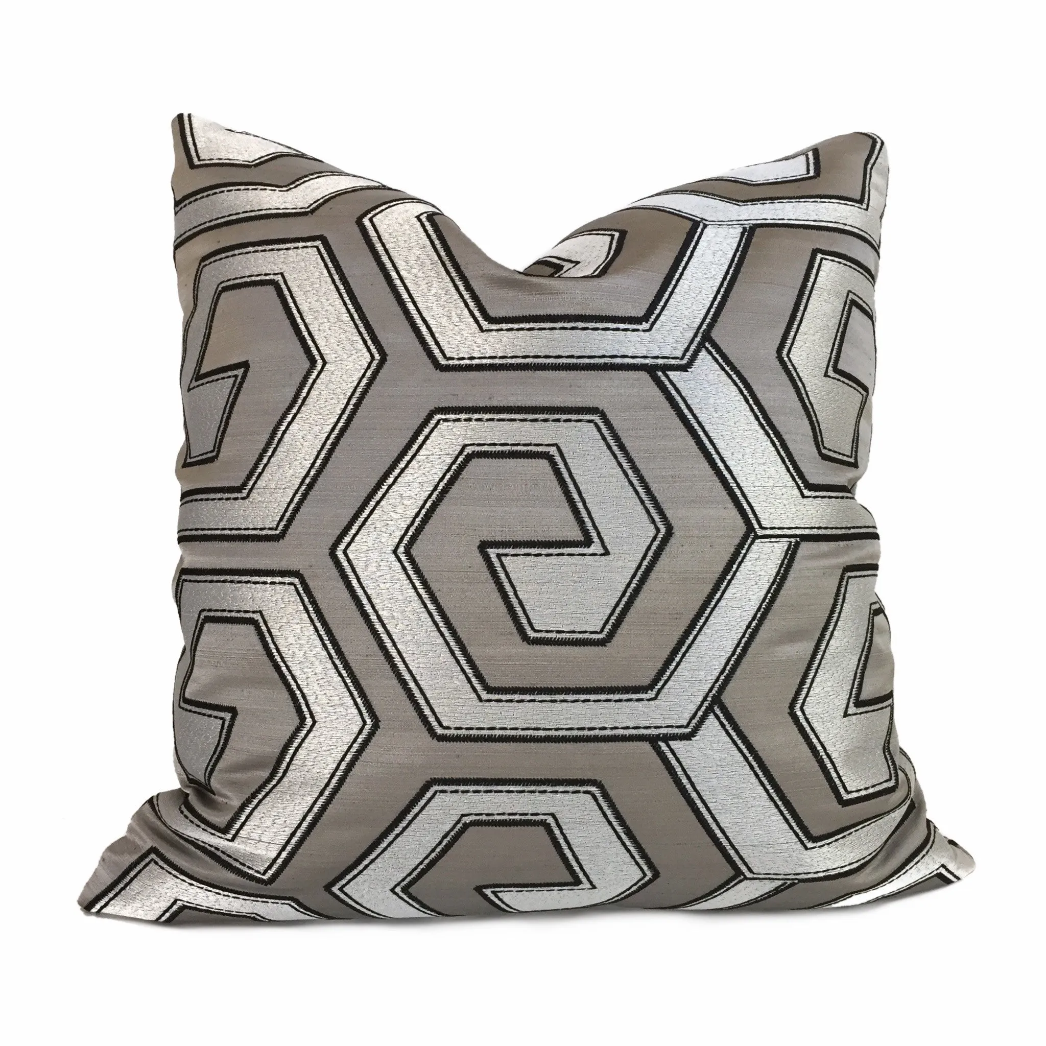 Two Tone Silver Pewter Gray Embroidered Geometric Pillow Cover