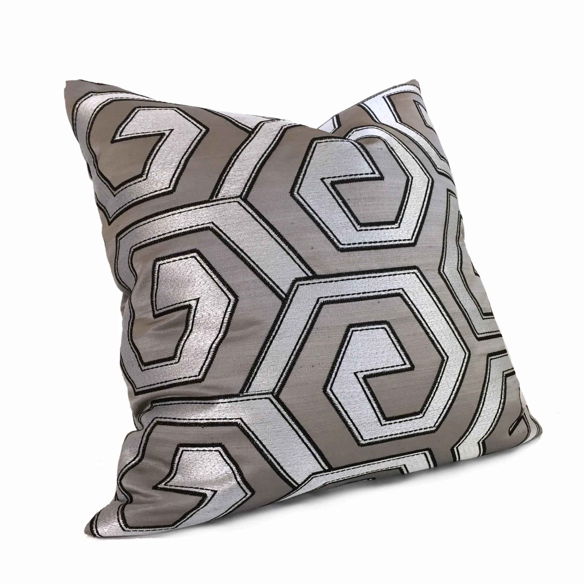 Two Tone Silver Pewter Gray Embroidered Geometric Pillow Cover