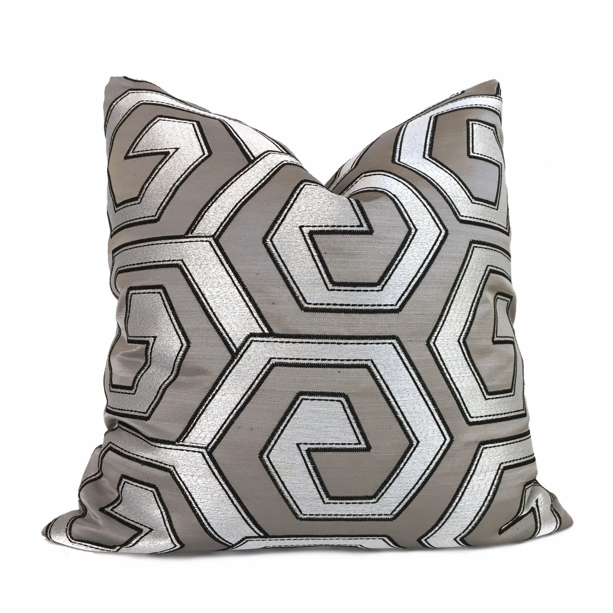 Two Tone Silver Pewter Gray Embroidered Geometric Pillow Cover