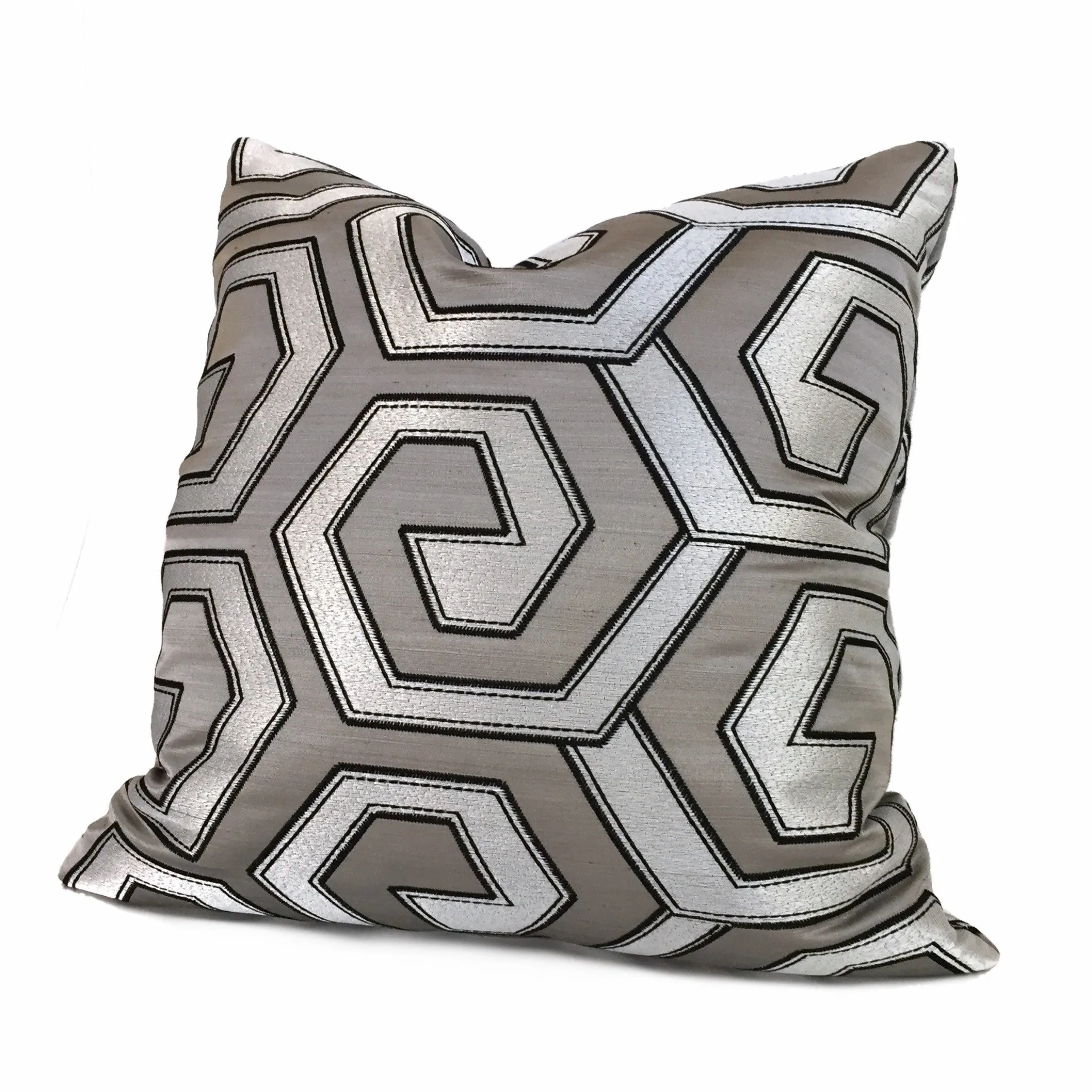 Two Tone Silver Pewter Gray Embroidered Geometric Pillow Cover