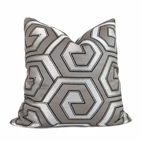 Two Tone Silver Pewter Gray Embroidered Geometric Pillow Cover