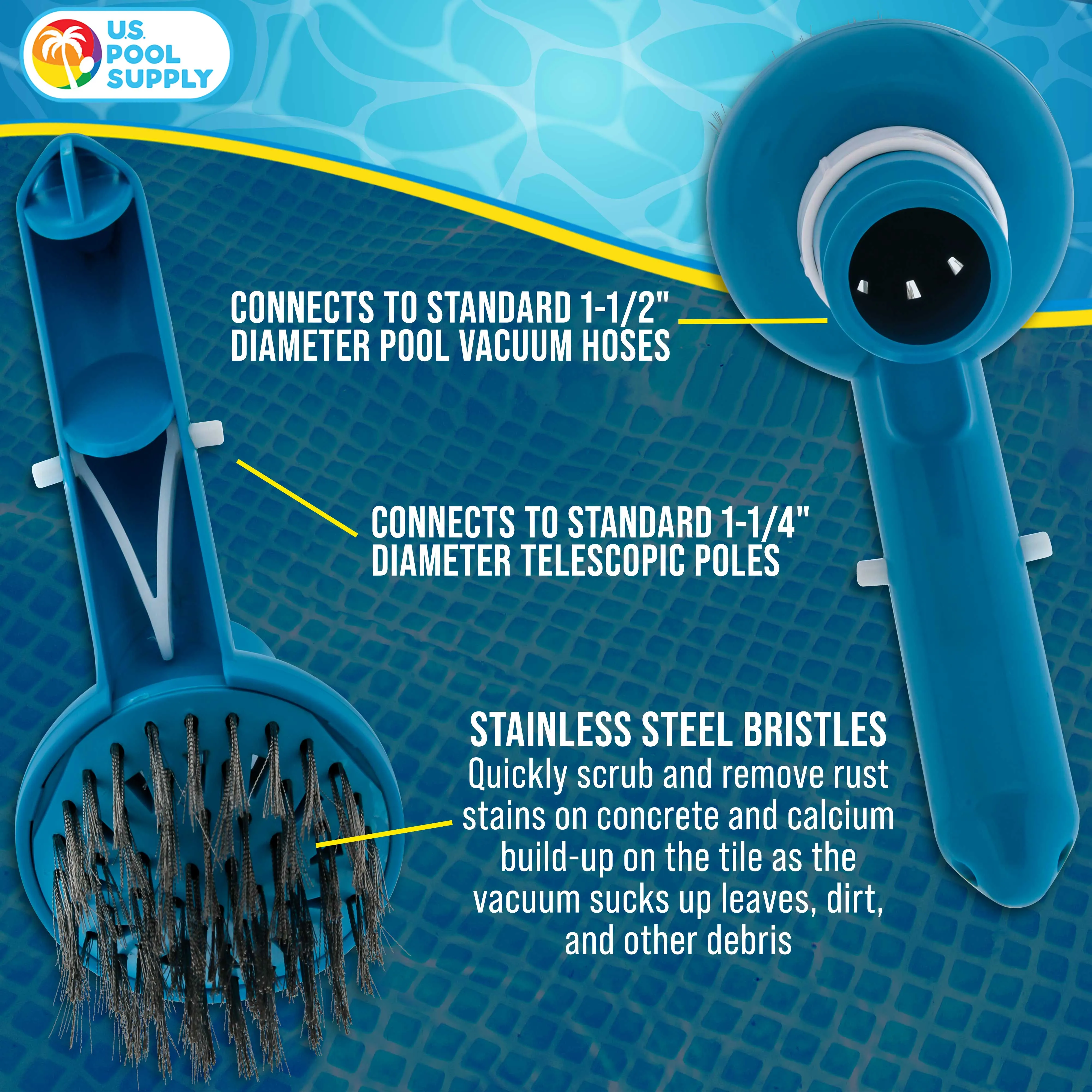 U.S. Pool Supply Corner Vacuum Head Brush with Stainless Steel Bristles, Adjustable Suction Ring - Scrub Remove Calcium Buildup, Rust Stains Concrete