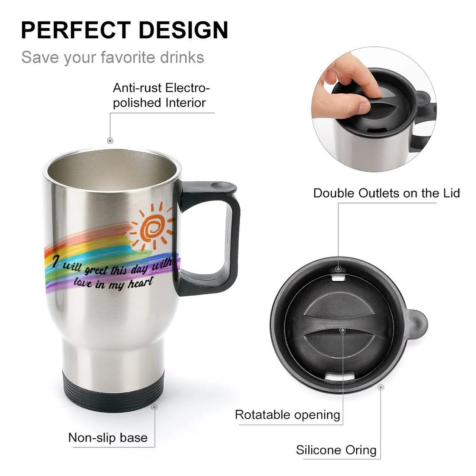 USA Free Shipping Personalized Text Rainbow 440ml Stainless Steel Silver Travel Coffee Mug Car Mug