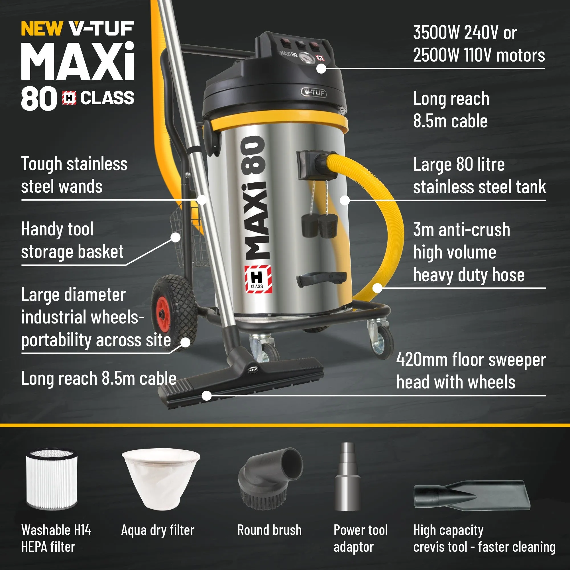 V-TUF MAXIH80 H Class Dust Extractor Vacuum Cleaner - 80L 3500W