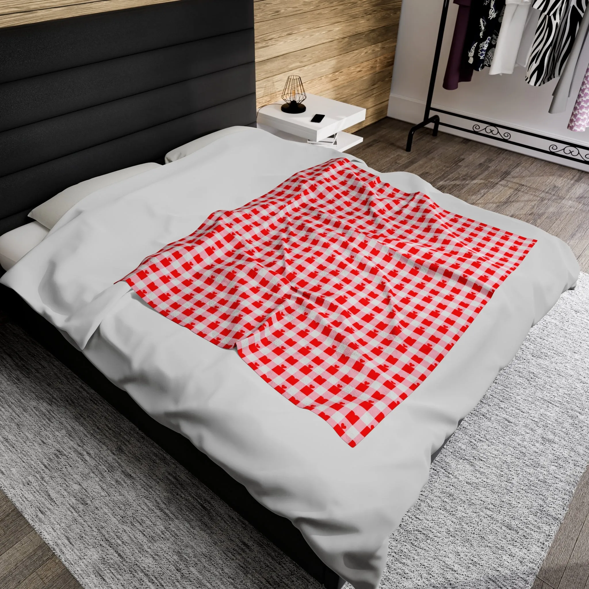 Velveteen Plush Blanket - Cozy Red Gingham Pattern - Valentine Blanket