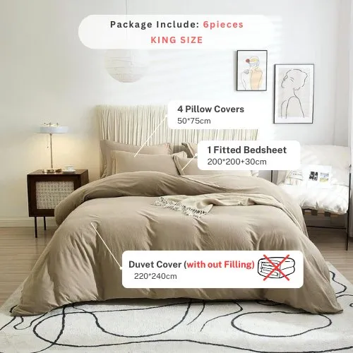 Washable Cotton 6 Piece King Size Duvet Cover Plain Design, Plain Beige Color.